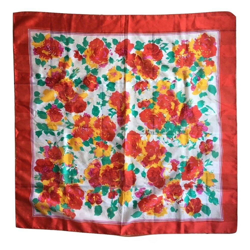Vintage Berkshire Floral Square Silk Blend Scarf Vibrant Botanical Print Made In